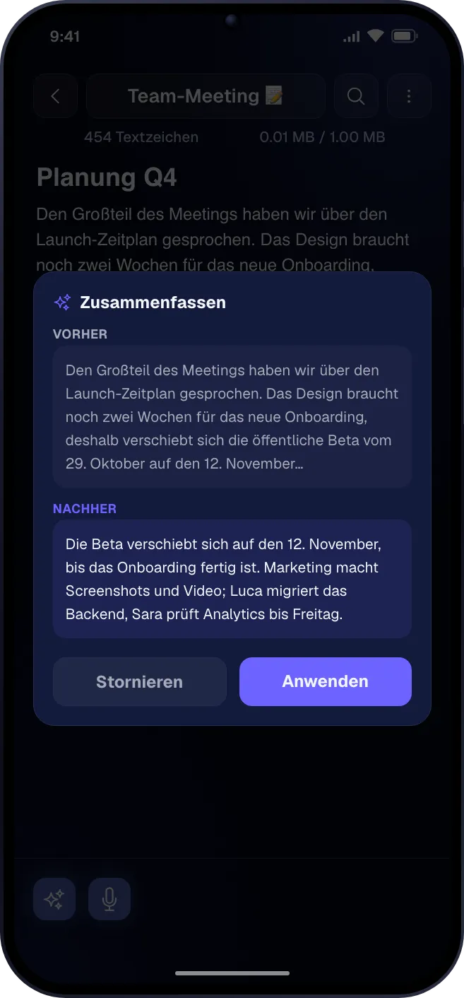 Der KI-Assistent schlägt Aktionen für eine Notiz vor