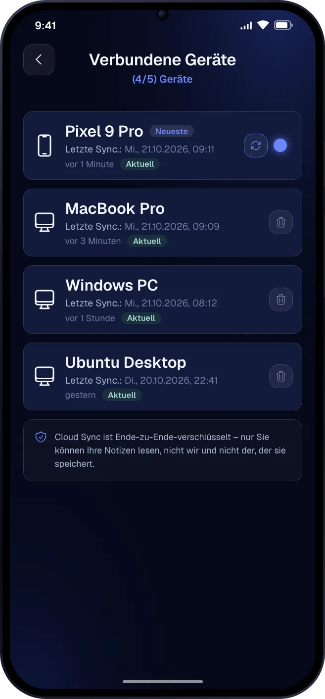 Der Bildschirm „Verbundene Geräte“ mit einem Smartphone und drei Computern