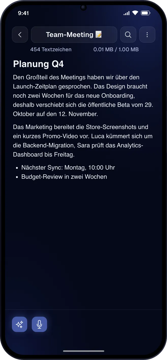 Eine Textnotiz im Editor von Fast Memo