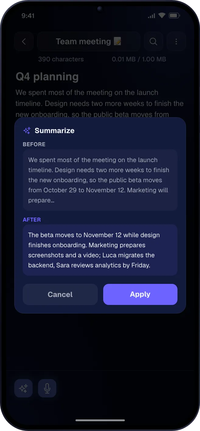 The AI assistant suggesting actions for a note