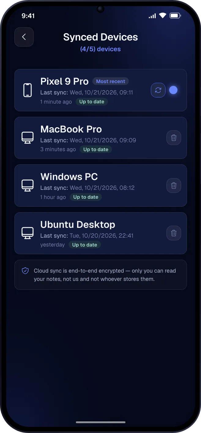 The synced devices screen listing a phone and three computers