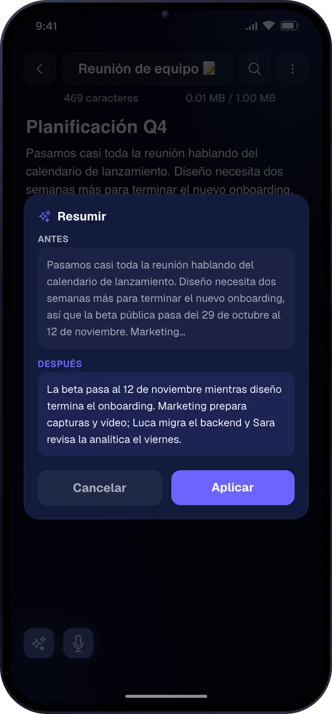 El asistente IA sugiriendo acciones para una nota
