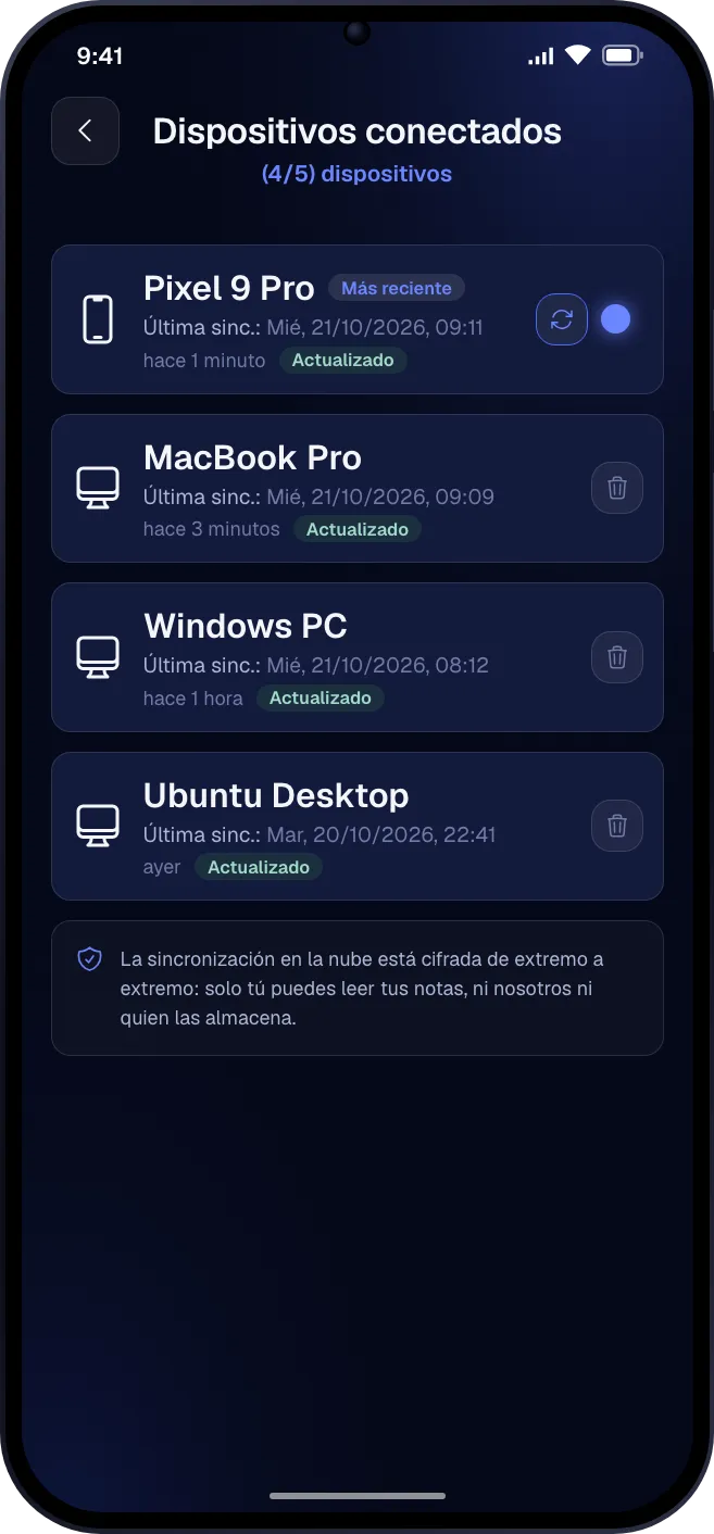 La pantalla de dispositivos sincronizados con un móvil y tres ordenadores