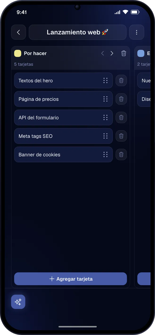 Un tablero kanban con tarjetas en tres columnas