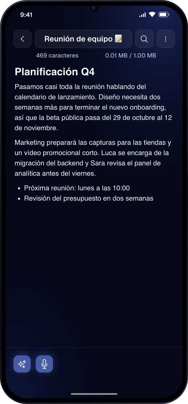 Una nota de texto en el editor de Fast Memo