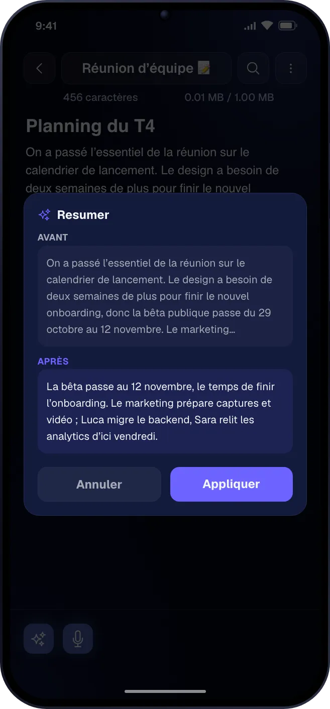 L'assistant IA suggérant des actions pour une note