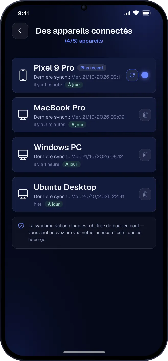 L'écran des appareils synchronisés listant un téléphone et trois ordinateurs