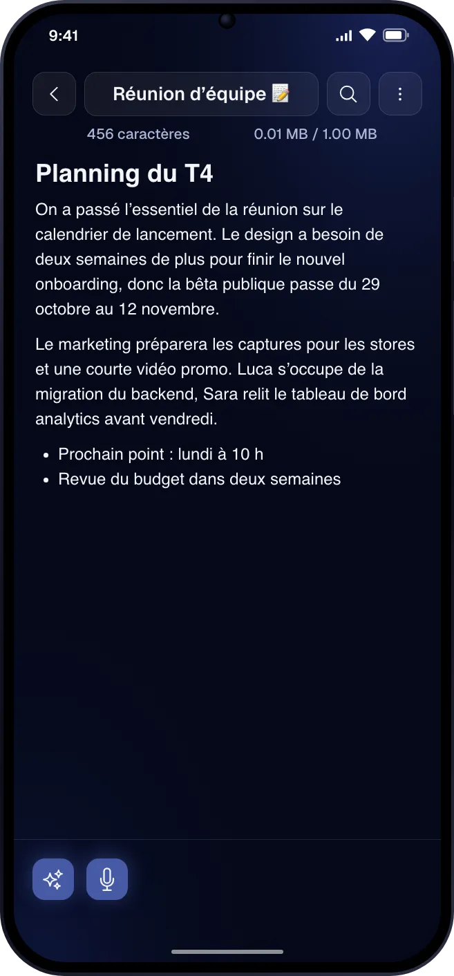Une note texte dans l'éditeur de Fast Memo