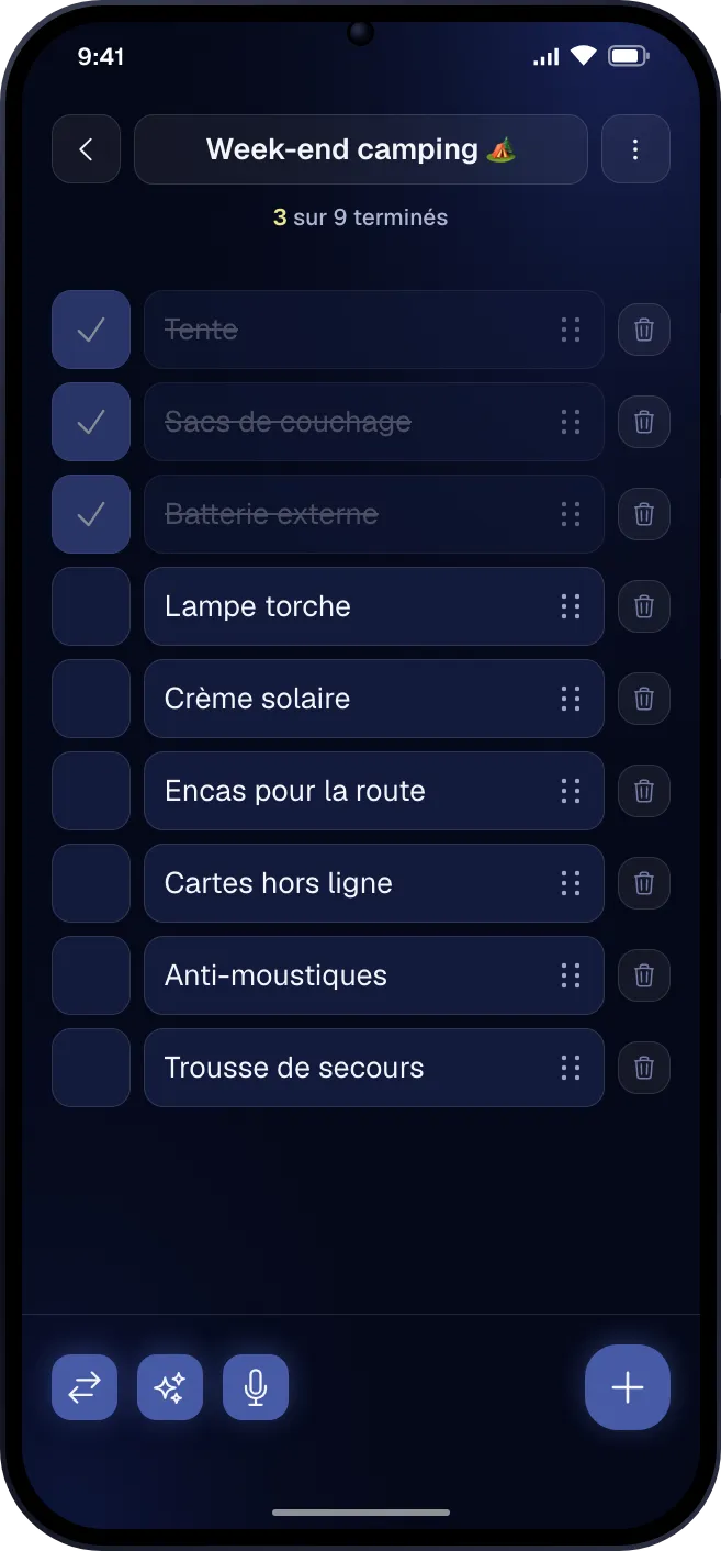 Une liste de tâches avec des éléments terminés et en cours