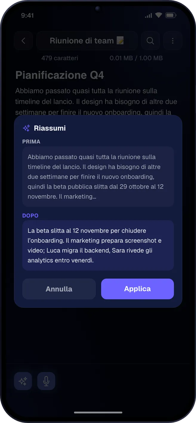 L'assistente AI che suggerisce azioni per una nota