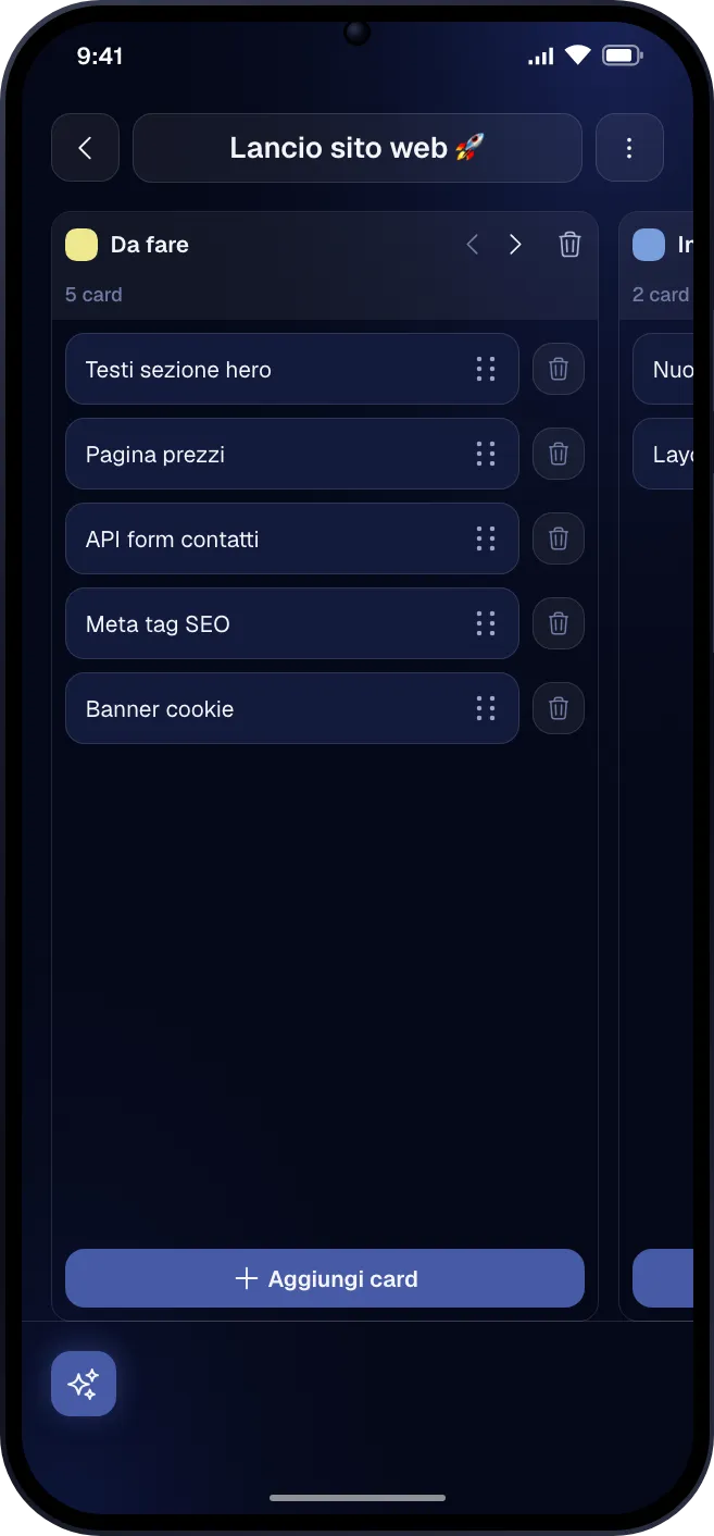 Una bacheca kanban con card su tre colonne