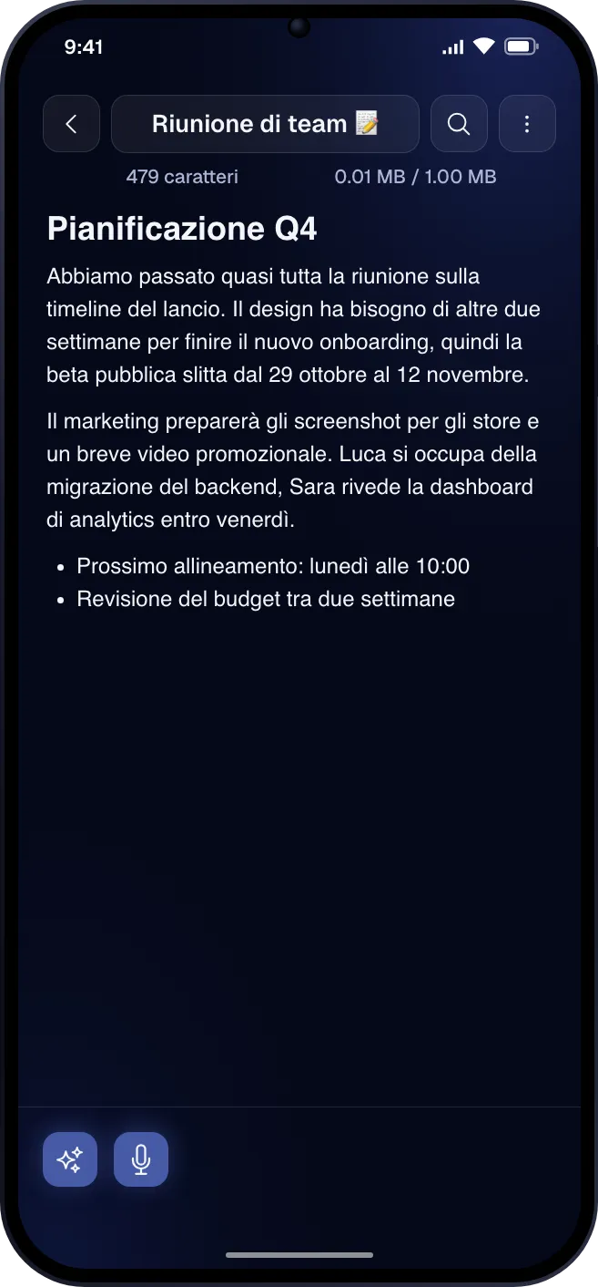 Una nota di testo nell'editor di Fast Memo