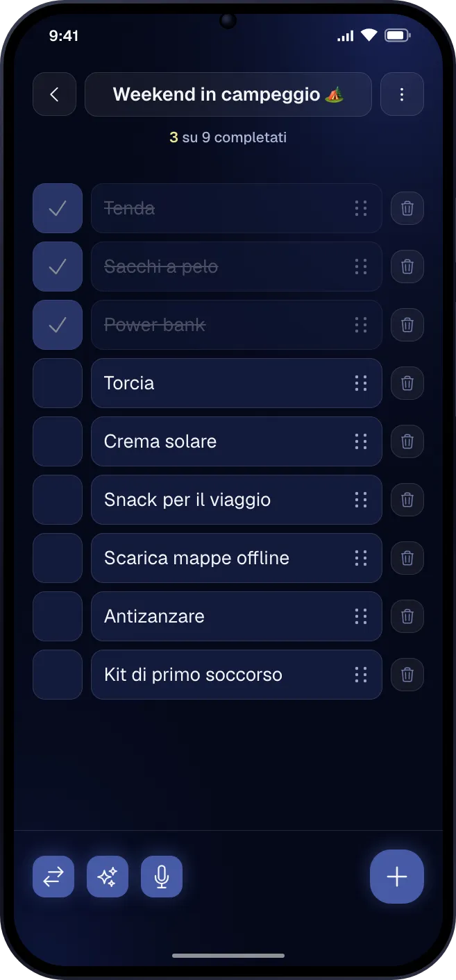 Una lista con voci completate e da completare